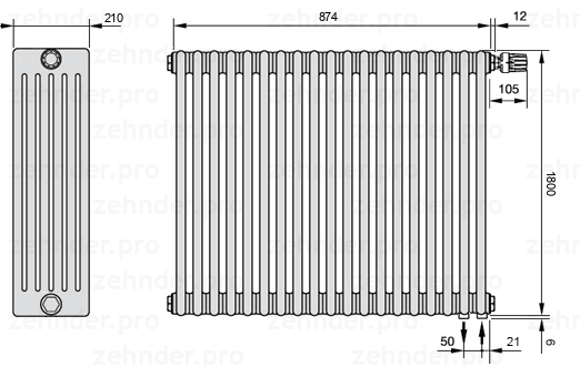 Схема (чертеж) Радиатор Zehnder Charleston 6180/19 №V002 Белый глянцевый RAL 9016